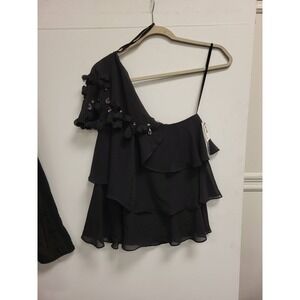 EXPO New York Blouse 10P Black One Shoulder Party Cocktail Layered Petite